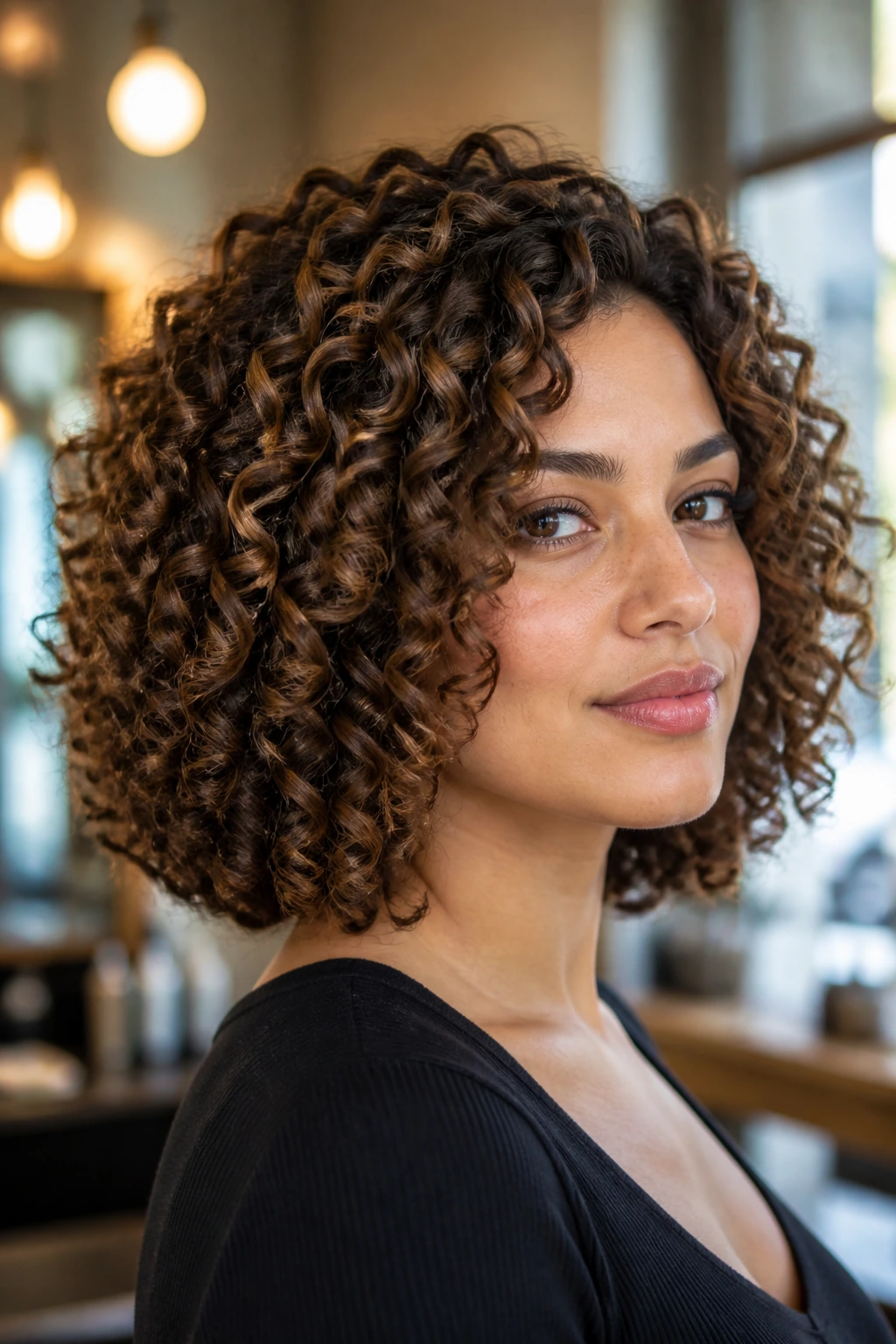 Close-up portrait of a real person with spiral ringlet base cut and defined curls
