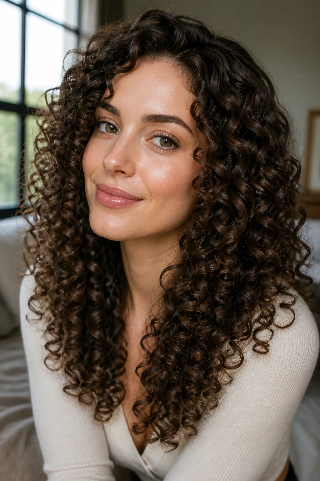 Close-up of a real woman with defined spiral ringlets