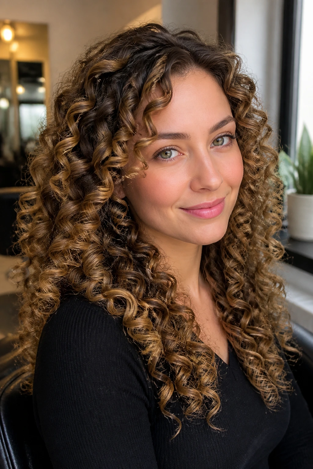 Close-up of a real woman with defined spiral ringlets on fine hair.