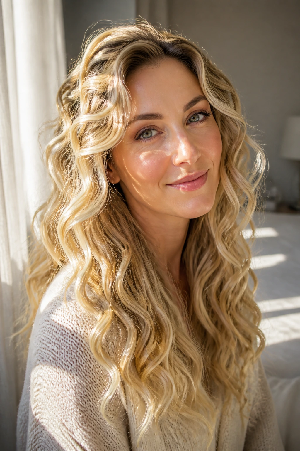 Close-up portrait of a real woman with spiral-to-wave blended hairstyle in creamy blonde