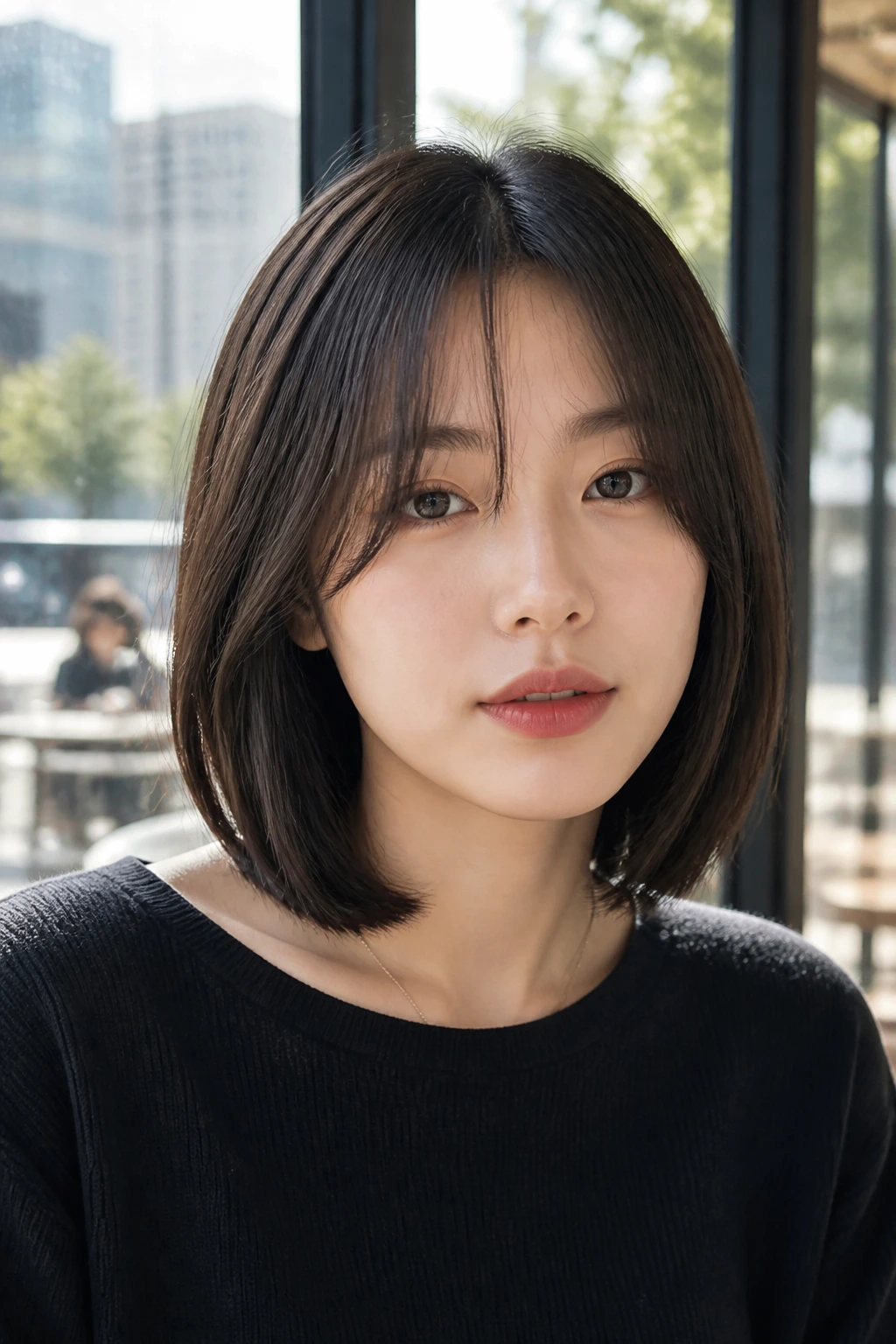Close-up portrait of a real woman with split-bang polished lob hairstyle.