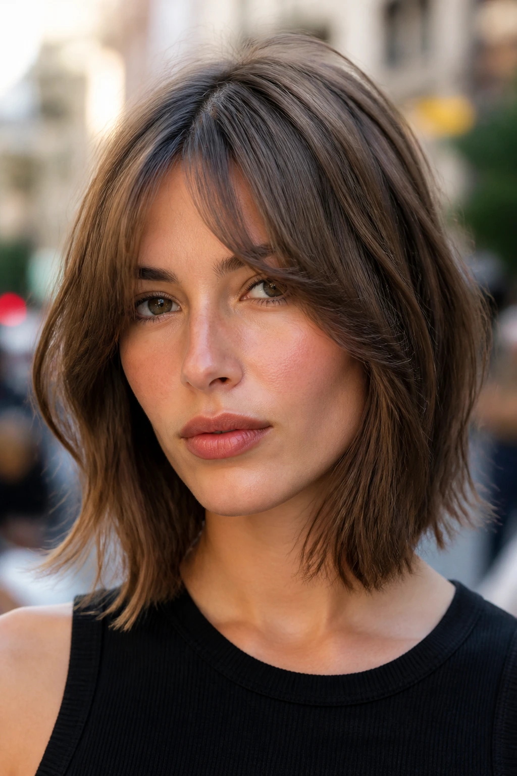 Close-up portrait of a real woman with split-bang textured lob.