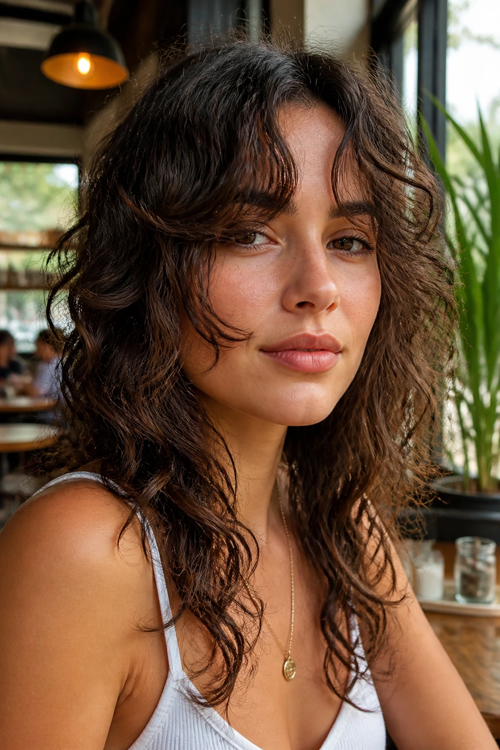 Close-up of a real person with split bangs and cascading face layers.