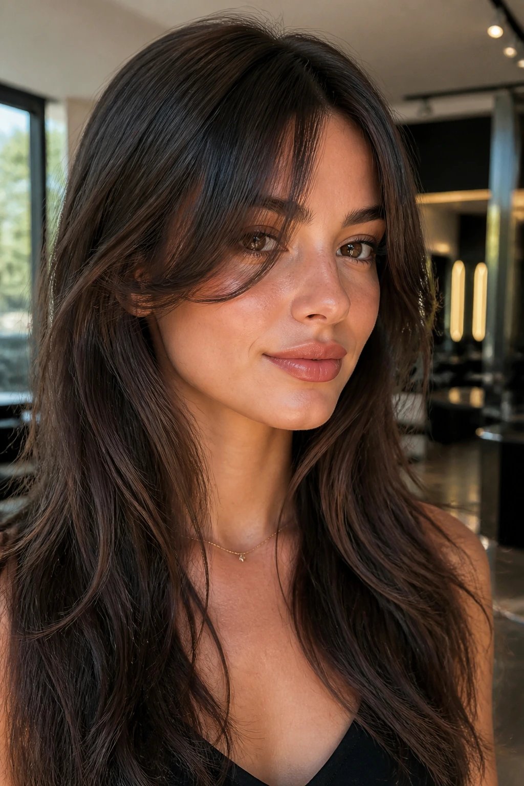 Portrait featuring cheekbone-skimming split bangs framing the lower half of the face