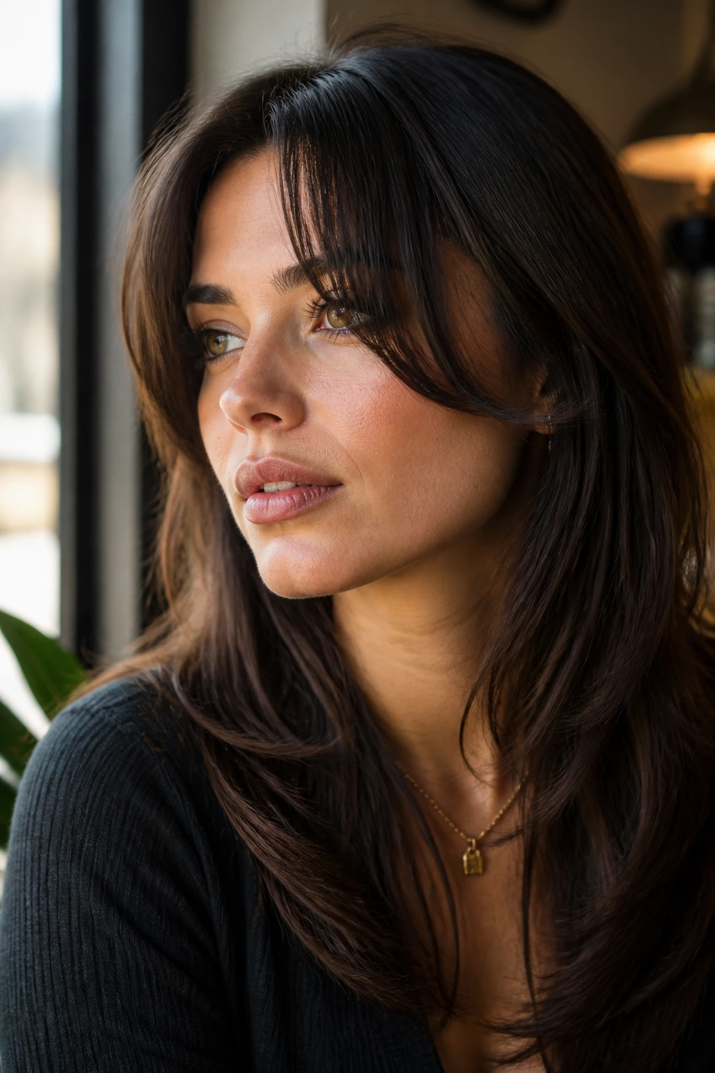 Close-up portrait of a real woman with cheekbone-grazing split bangs