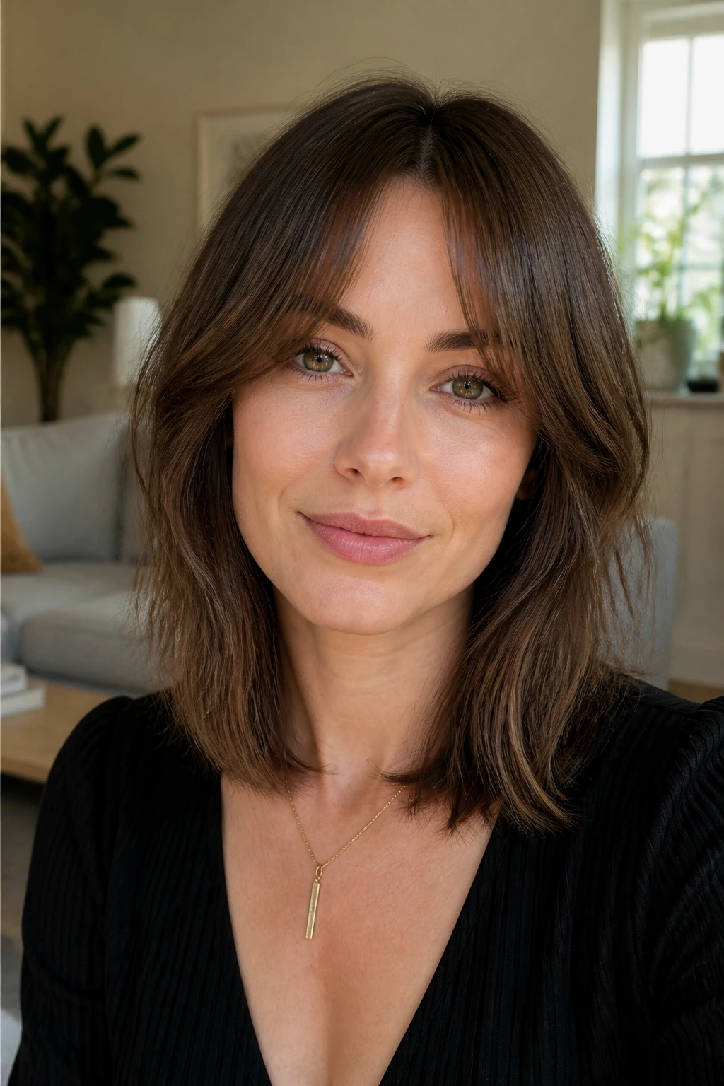 Close-up portrait of a real woman with split bangs opening at the brows, natural window light