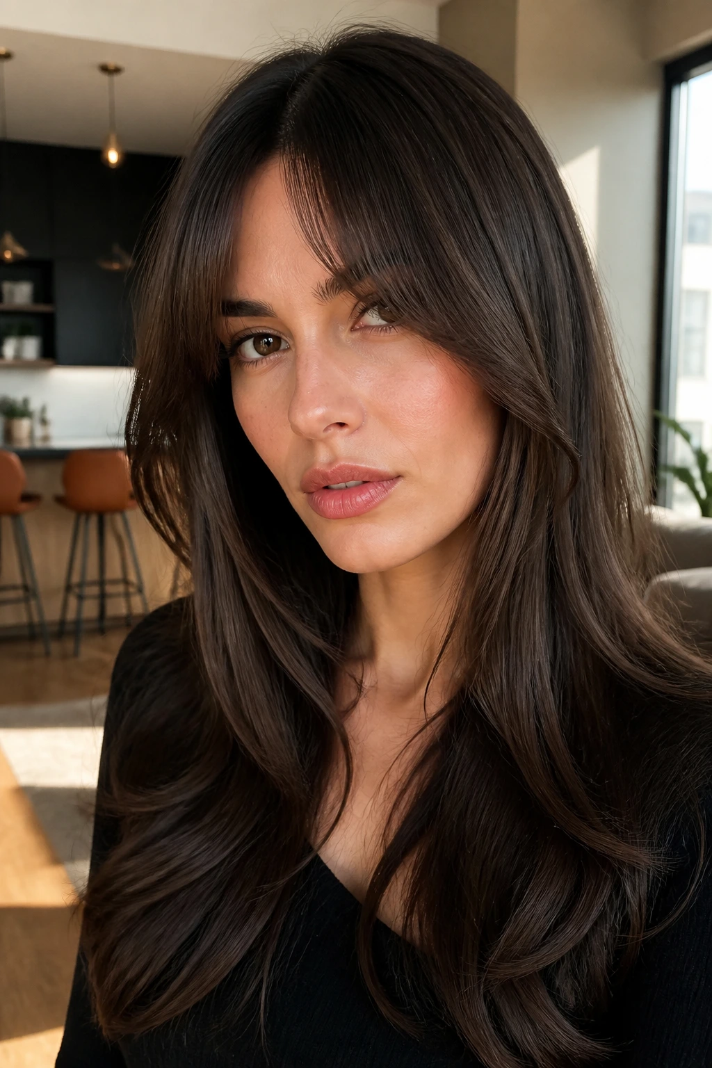 Close-up portrait of a woman with split bangs and ribbon-like smooth layers in warm daylight