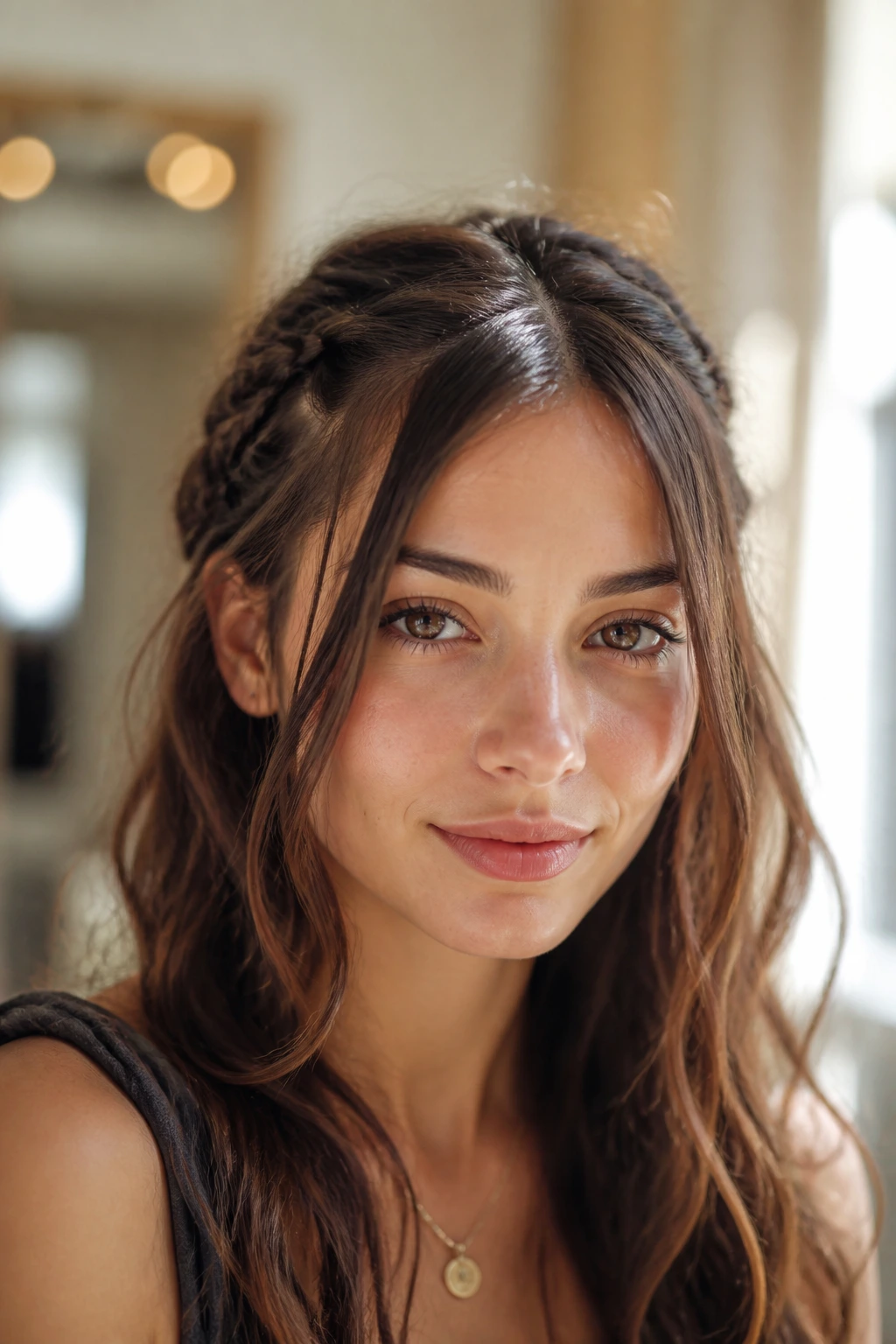 Close-up of a real woman with split bangs and loose braids in front