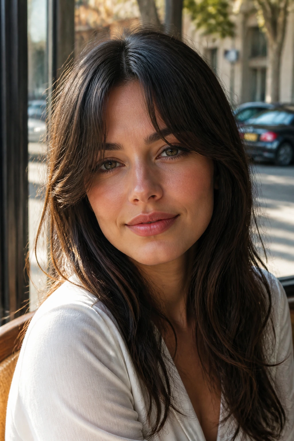 Close-up portrait of a woman with a split center fringe and soft waves.