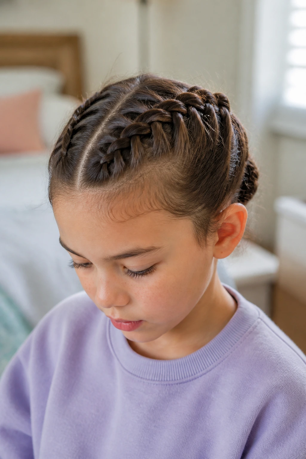 Close-up of a real child with split-crown double French braids starting at the temples.