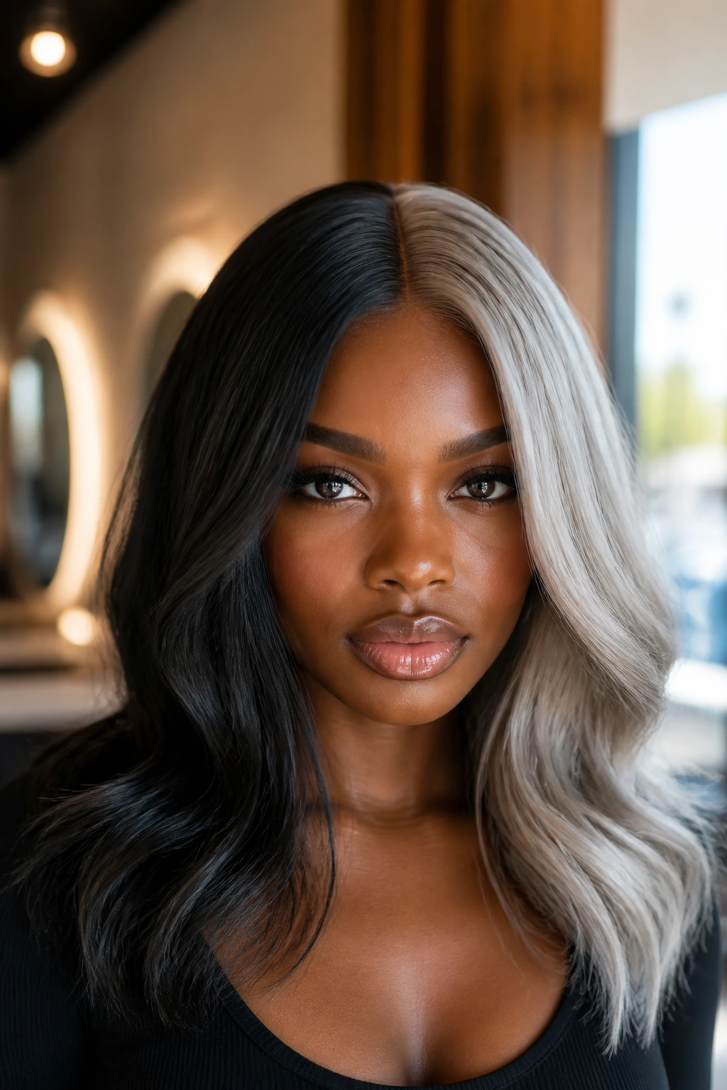 Close-up of a real woman with charcoal and ash split-dye panel hairstyle in a salon
