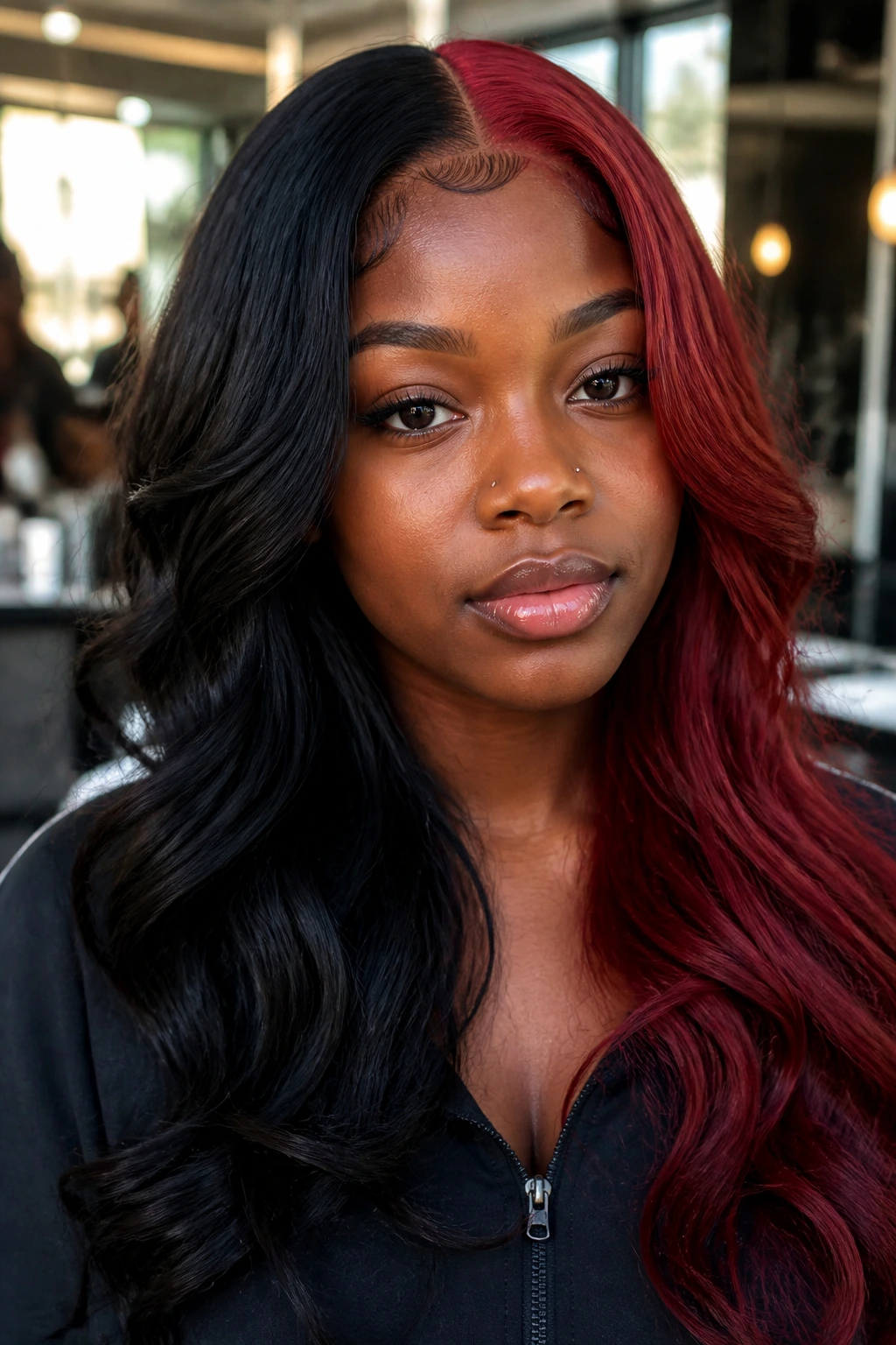 Close-up portrait of a person with split-dye hair in black and ruby red on deep skin tone.
