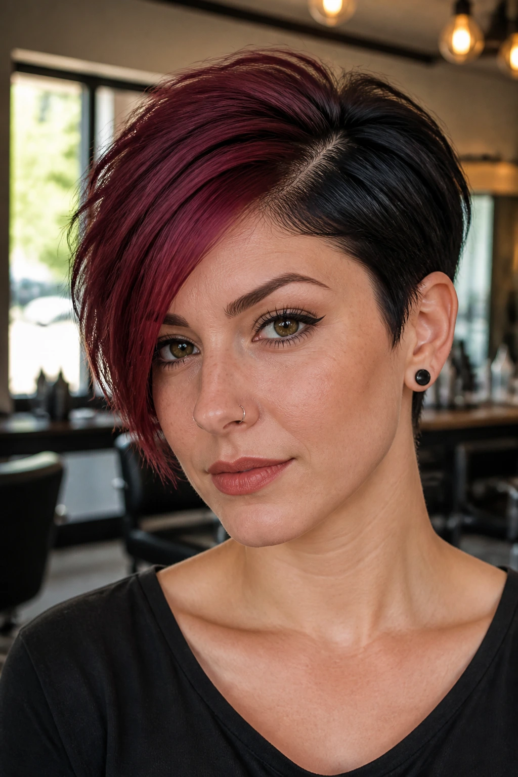 Close-up of Split-Dye Side-Part Crop on a real person with thick short hair and bold color split.