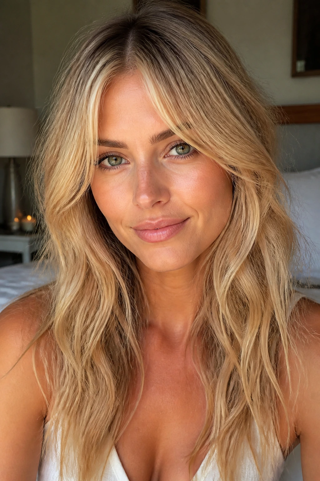 Close-up of a real woman with center-split fringe and beachy waves, sun-kissed blonde