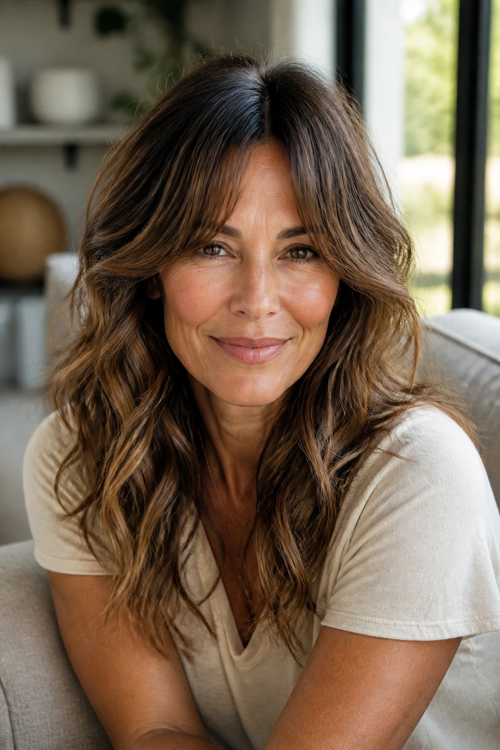 Portrait of a real woman with split fringe and center lift on wavy hair.