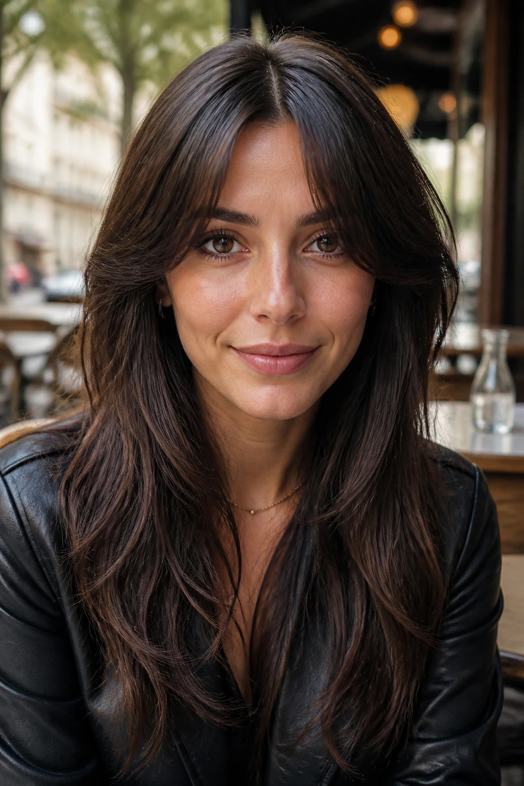 Real woman with center-parted long split fringe in outdoor cafe