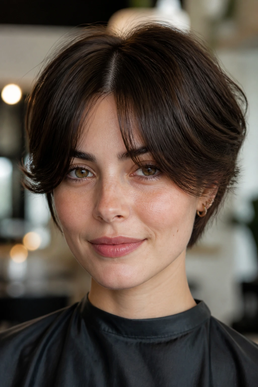 Real woman with split fringe and center part on short hair in a salon setting