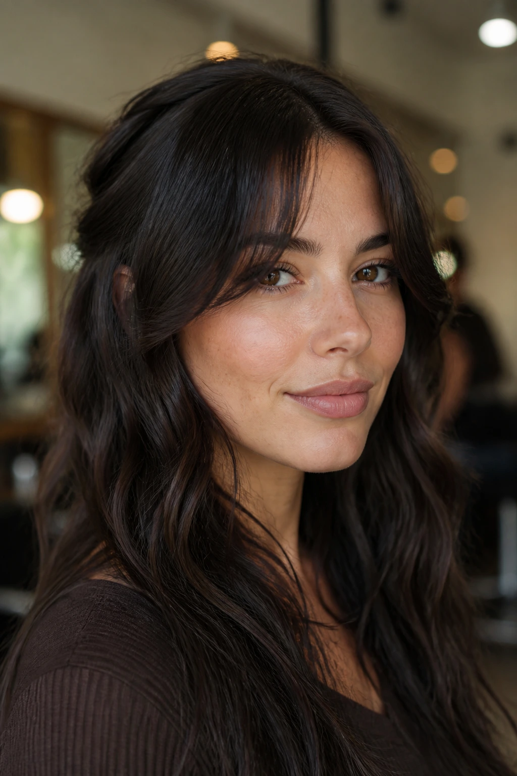 Brunette with split fringe and face-framing pieces in softly lit salon
