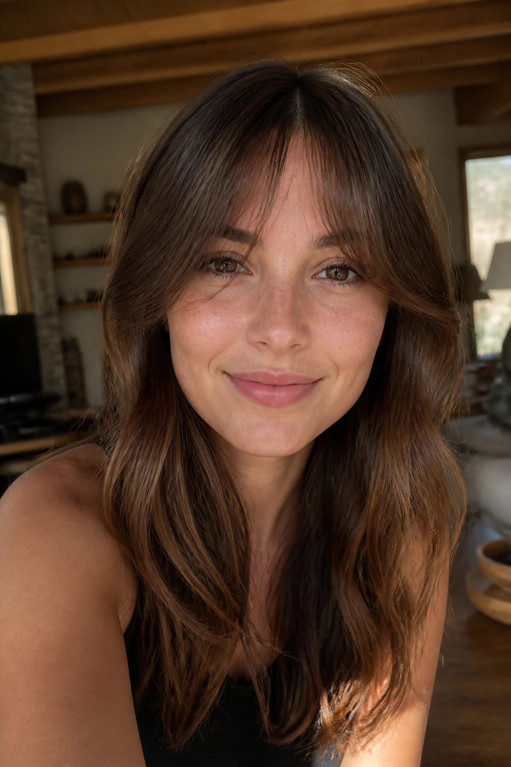 Close-up portrait of a woman with split fringe and fuller side sections in a sunlit living room.