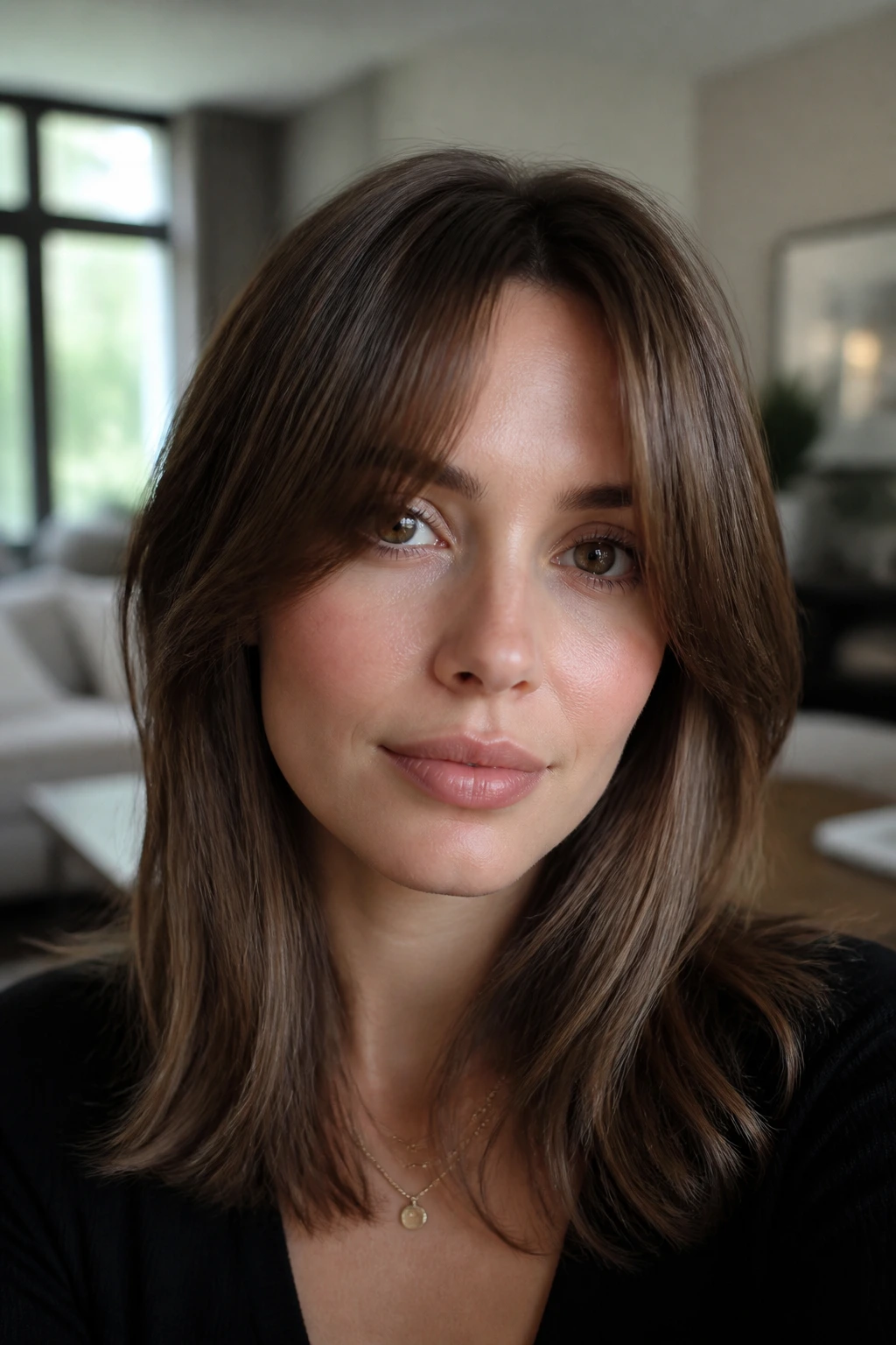 Close-up of a woman with inward-curved split fringe in a softly lit living room