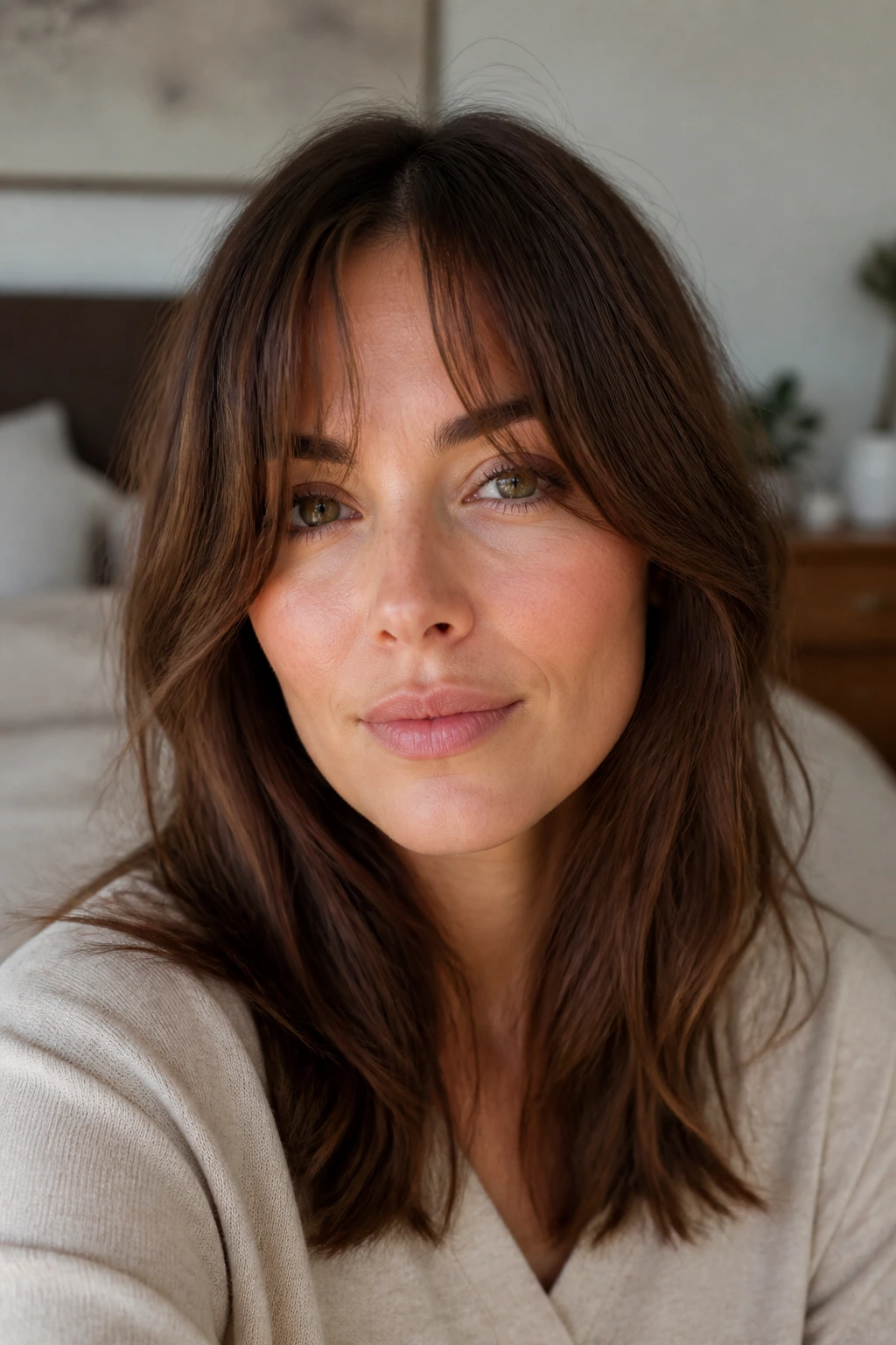 Close-up of a woman's bangs with internal layers and split fringe