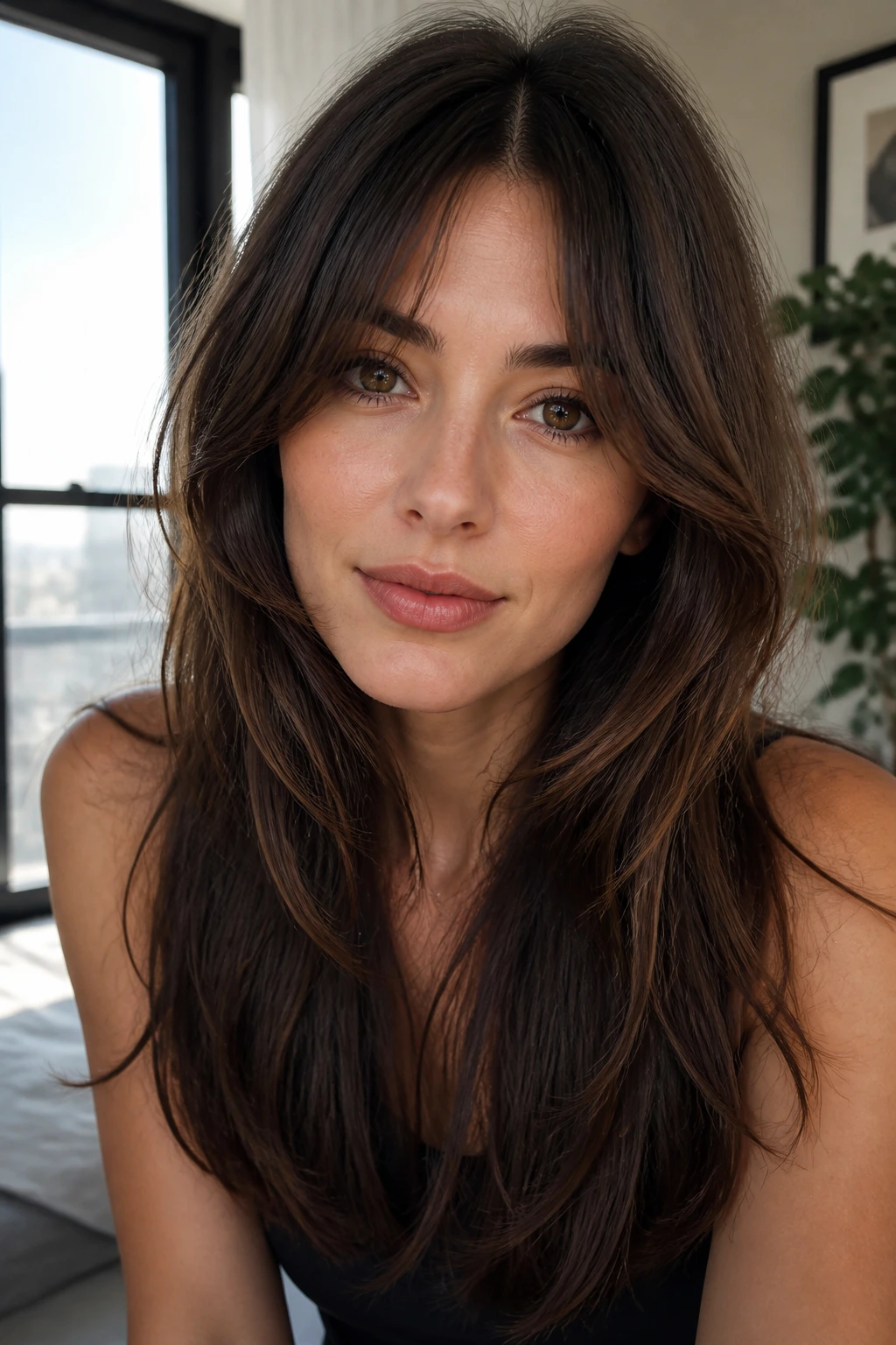 Close-up of a real woman with split fringe and long layers framing the cheeks