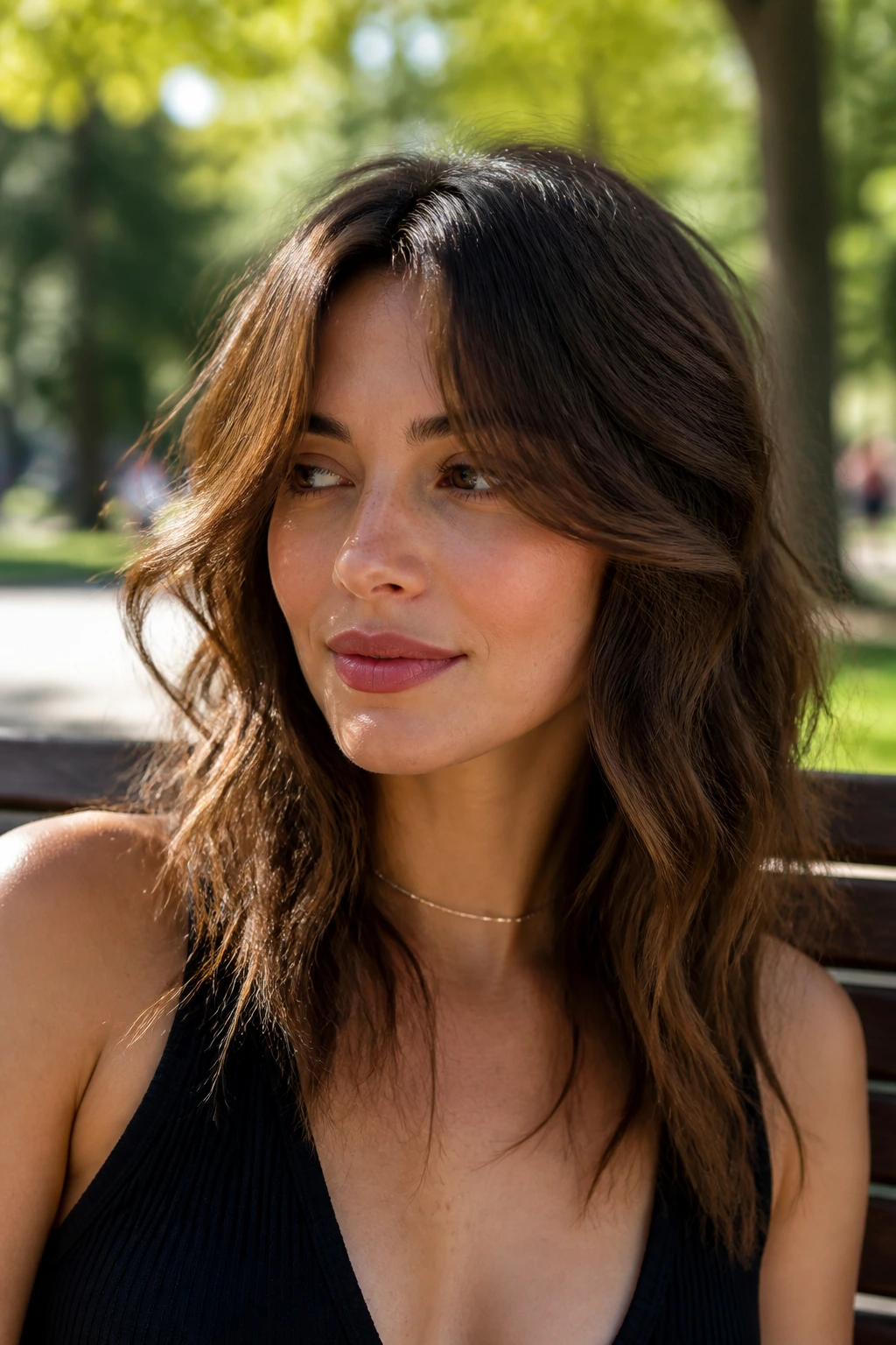 Split fringe with longer outer ends on a real person, wavy hair portrait