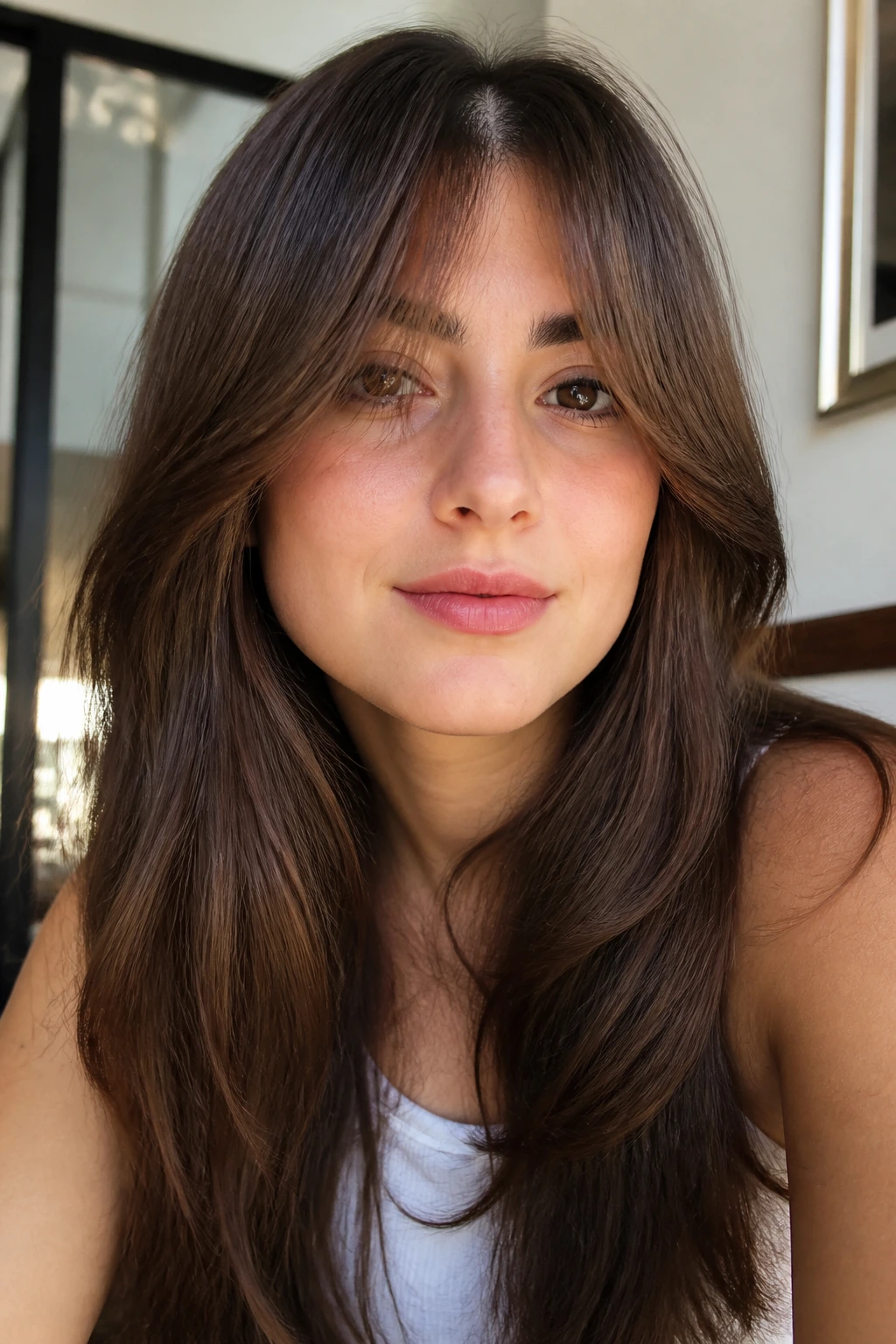 Close-up of a real woman with a natural part split fringe