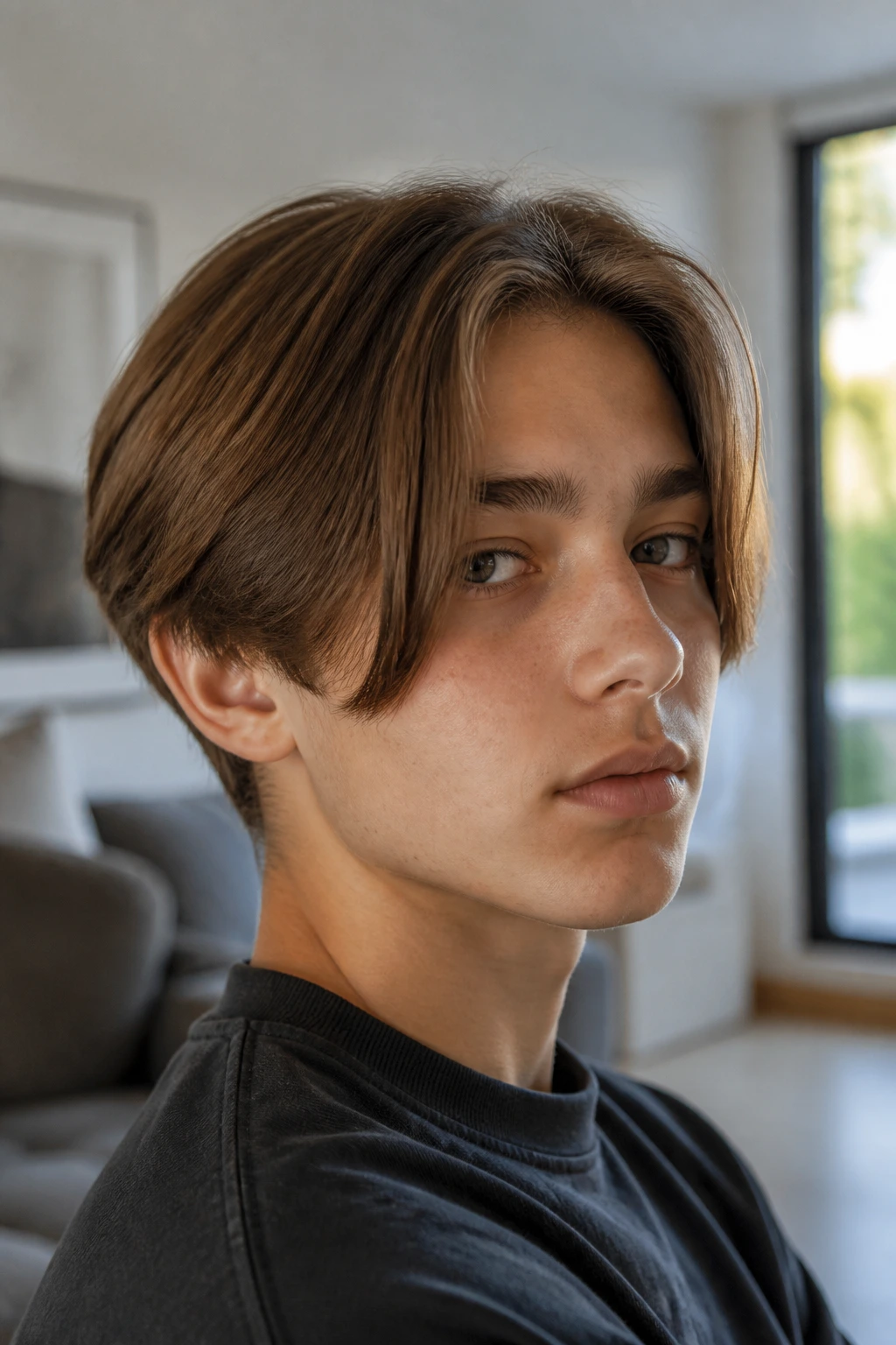 Close-up portrait of a real boy with an editorial split-fringe pageboy