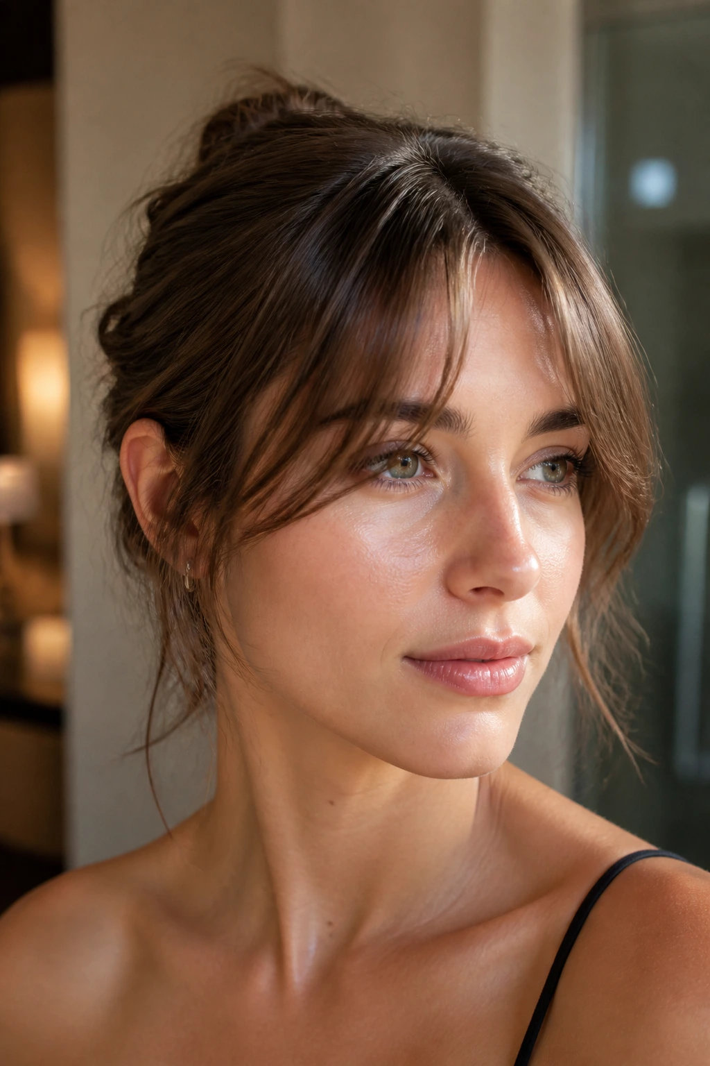 Portrait of a woman with piece-y split fringe and center part.
