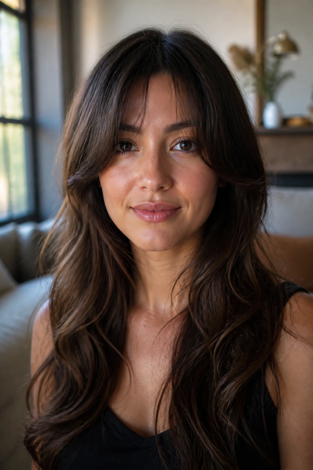 Real woman with a U-shaped split fringe and soft waves