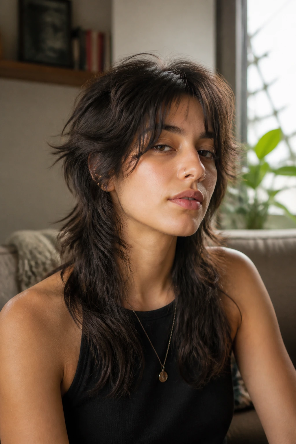 Close-up portrait of a real person with split-length shag and curtain bangs.