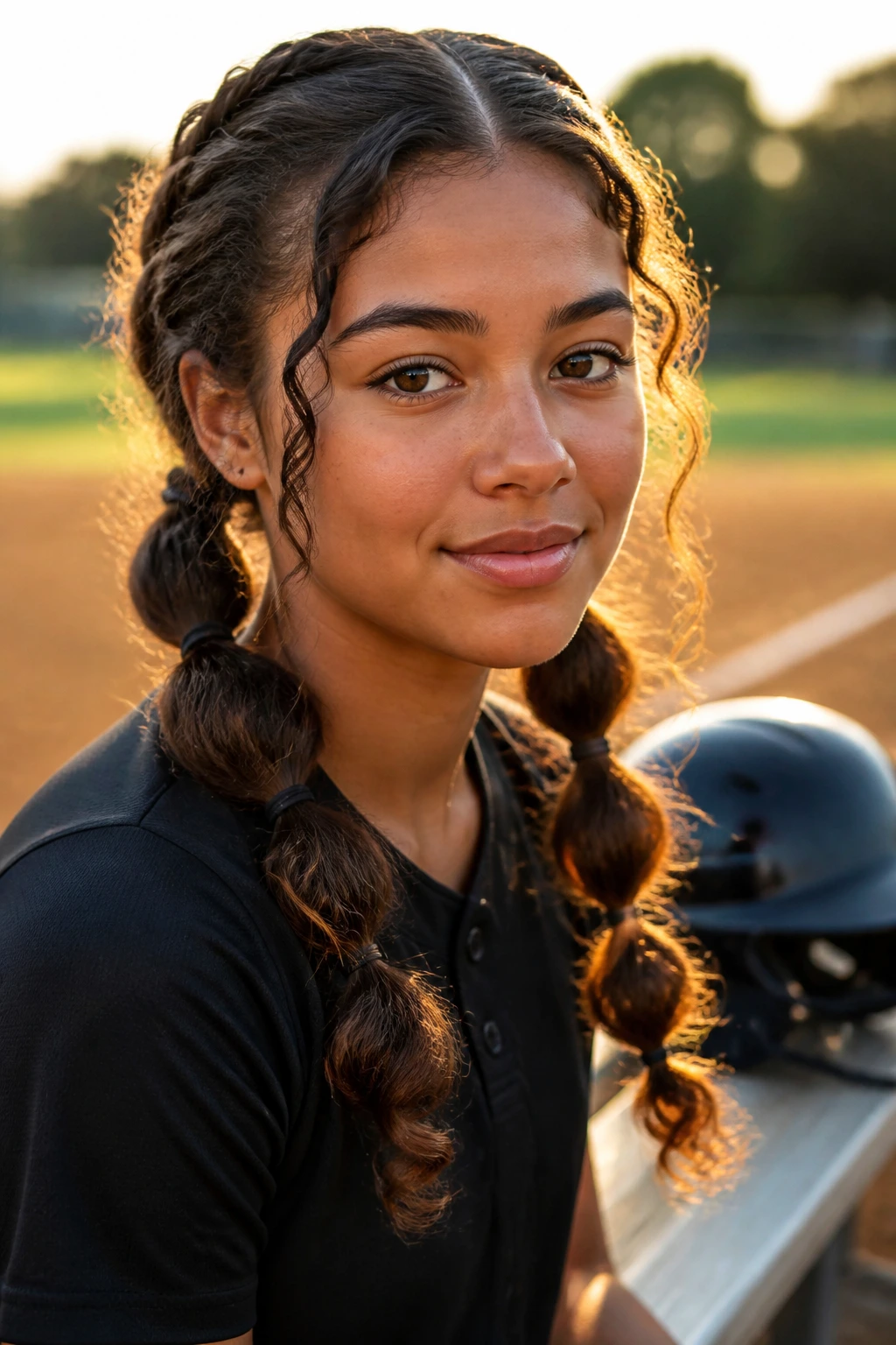 Close-up of split pigtails with defined ends on a real player