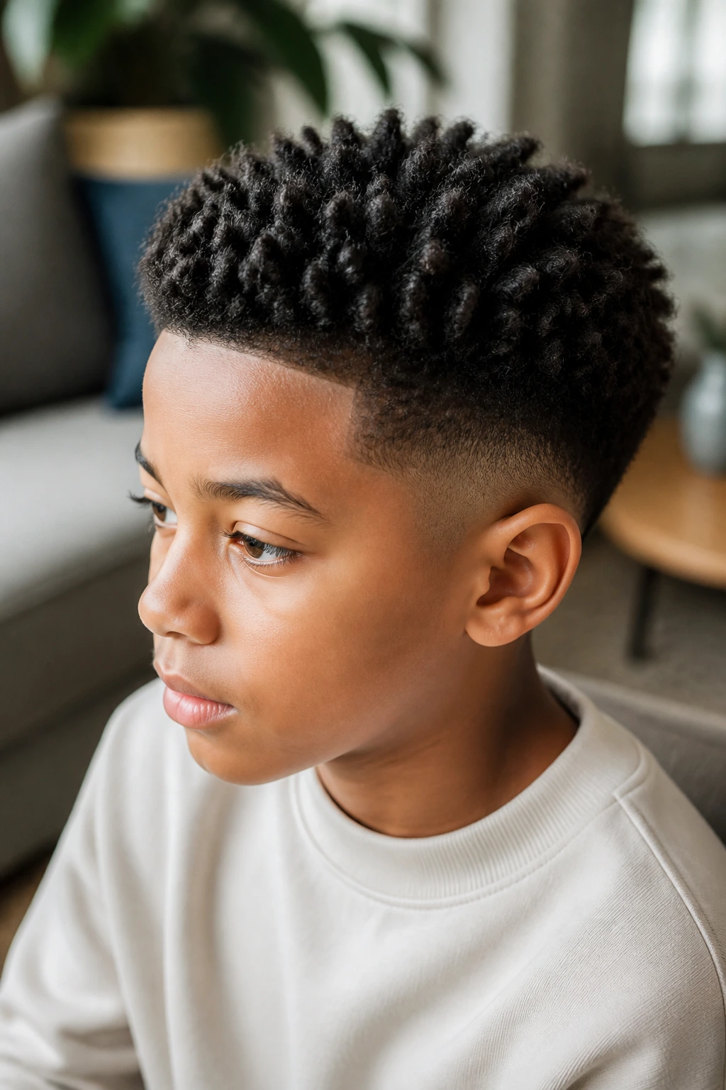 Close-up of a real child with sponge-twist top and low taper fade