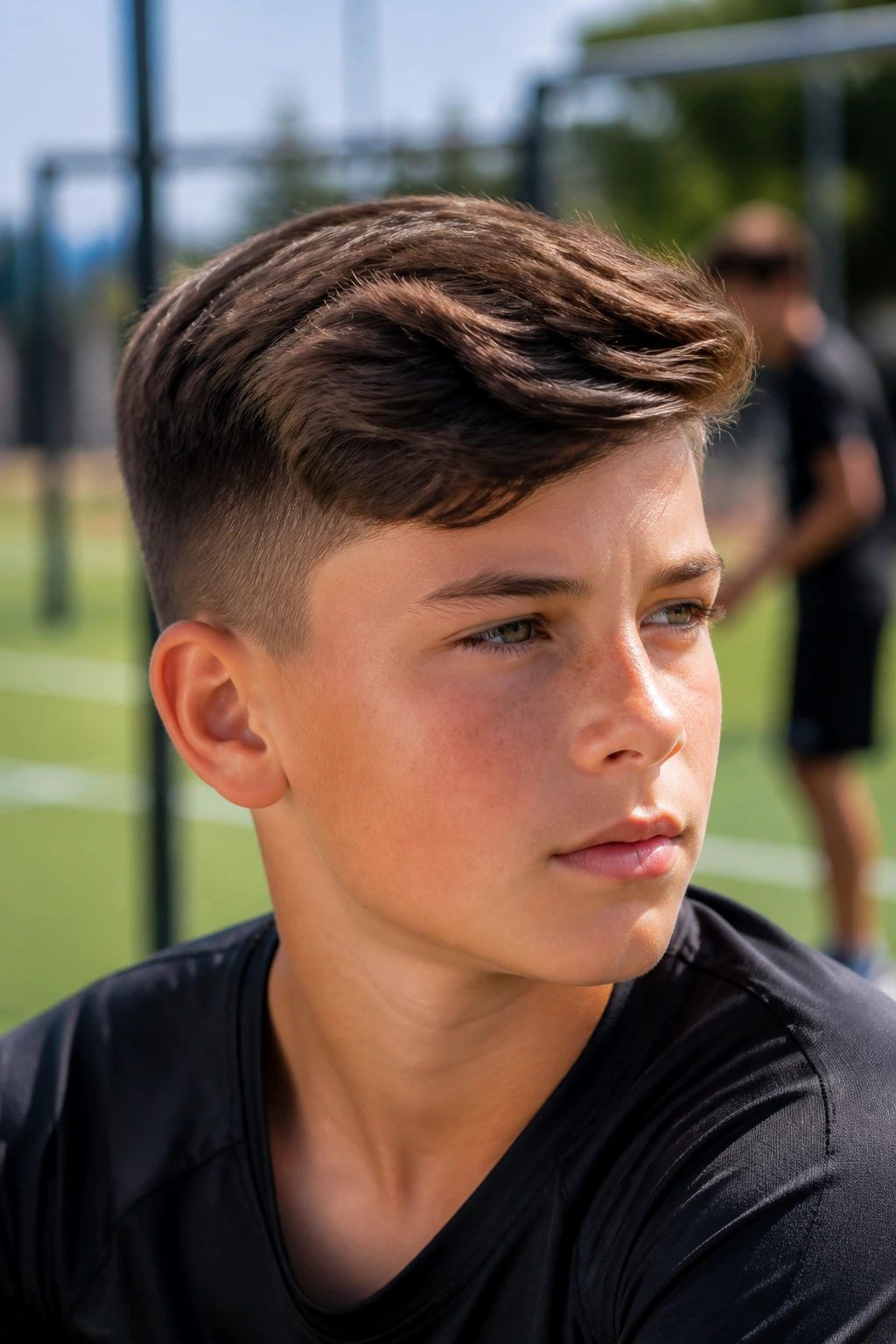 Medium close-up of a boy with sport-ready swoop hairstyle outdoors
