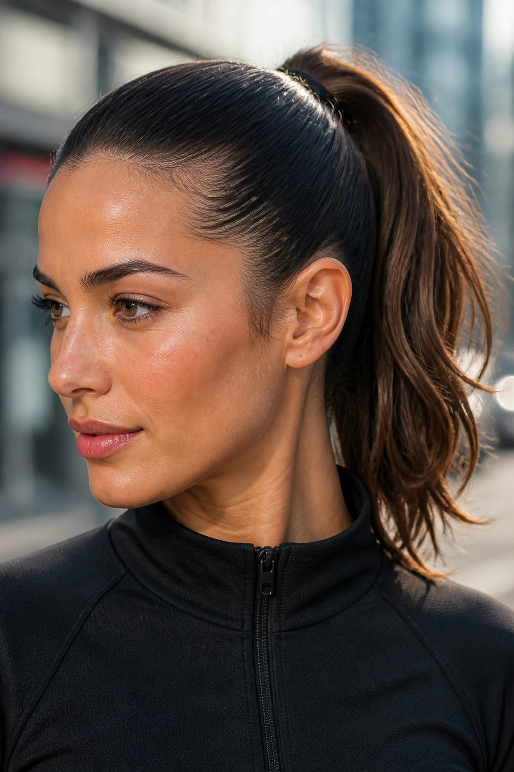 Real woman with a sport-sleek mid-high ponytail in urban daylight