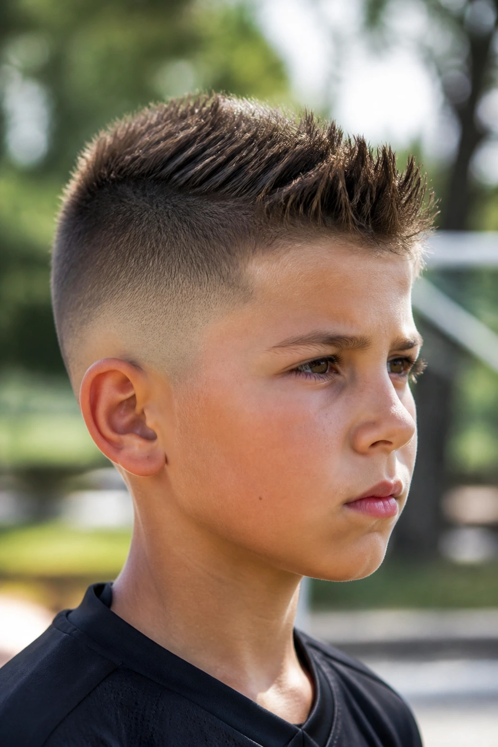 Boy with sporty Eurohawk and mid fade ready for activity