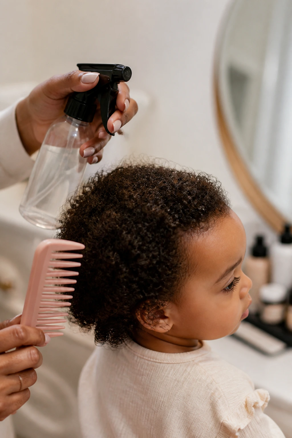 Toddler with curly hair and caregiver using spray bottle and comb nearby