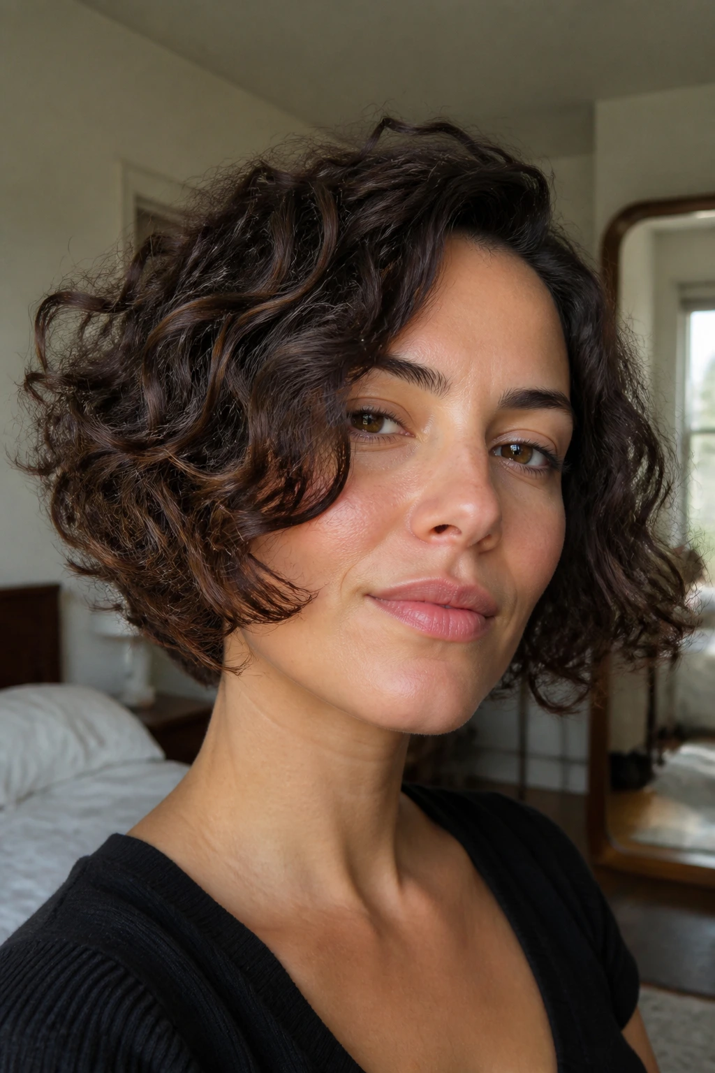 Close-up of real woman with square face and curved front layers softening jawline in warm window light
