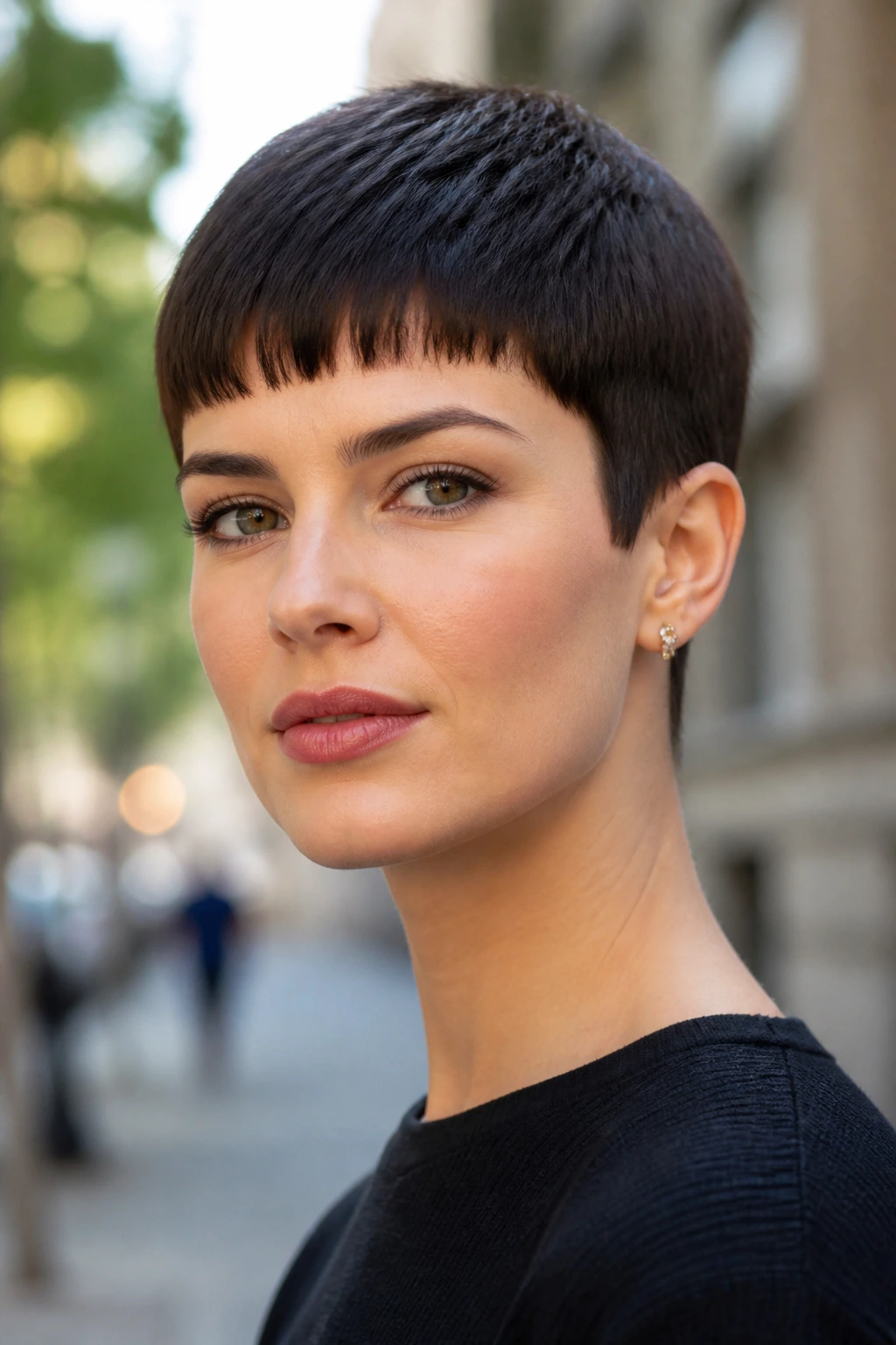 Real woman with square-edged pixie showing crisp fringe and defined perimeter
