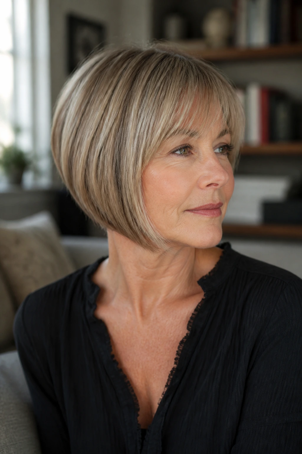 Close-up of a real woman with square-face bob and wispy fringe