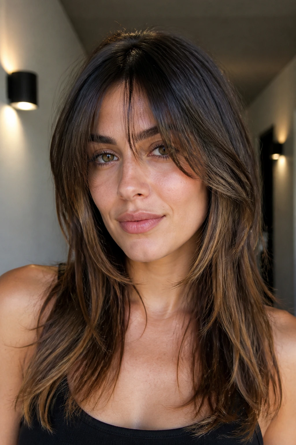 Close-up of a real woman with square-face softened by cheekbone-length bangs