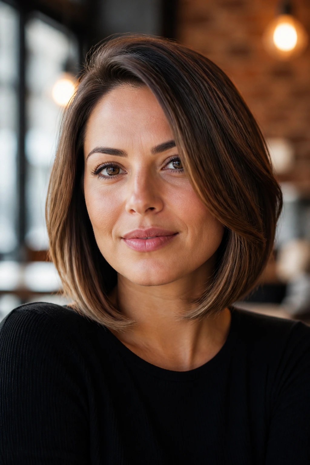 Close-up portrait of a real woman with cheekbone-framing front pieces and side part for a softer square face