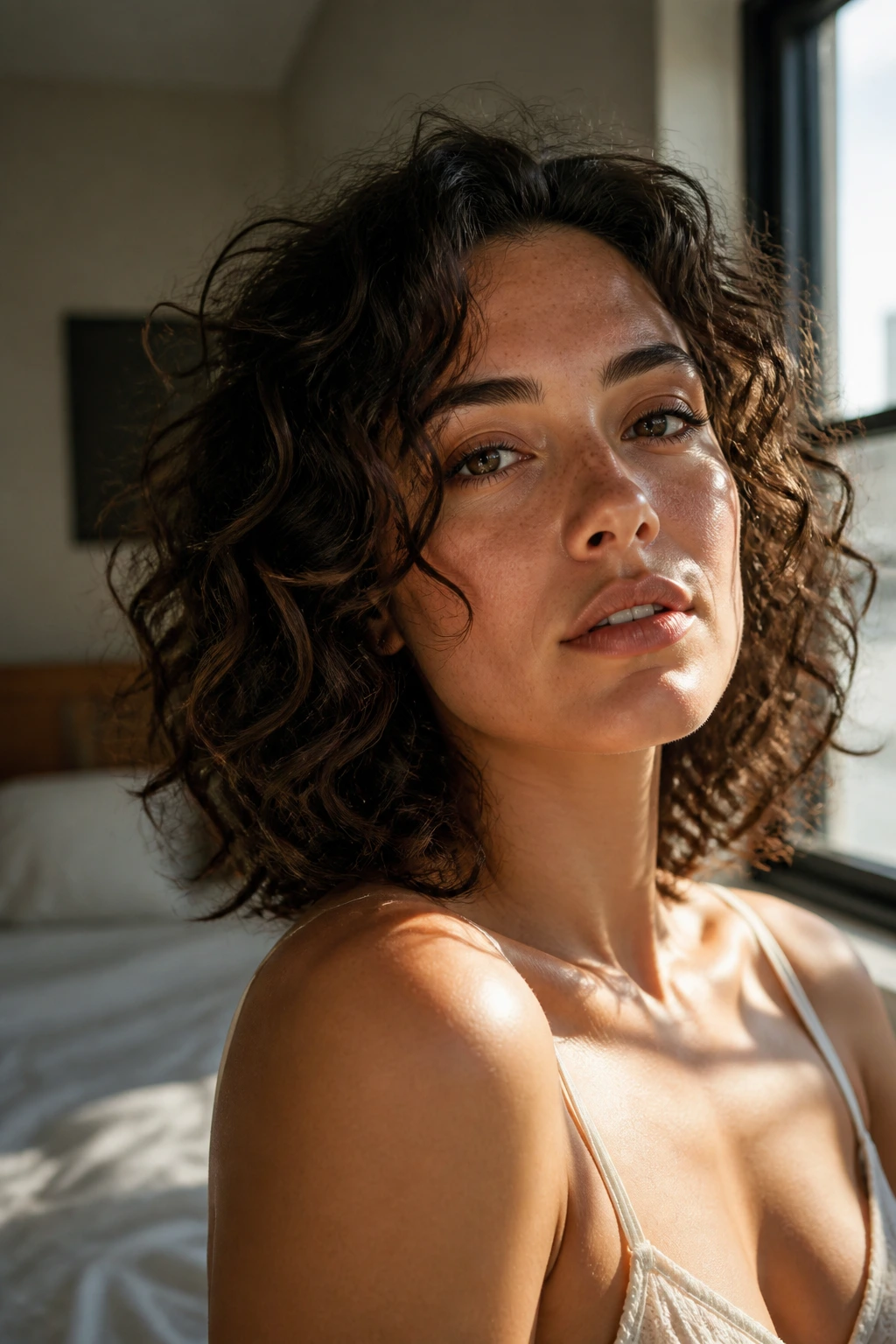 Close-up portrait of a real woman with curly hair softly framing a square face