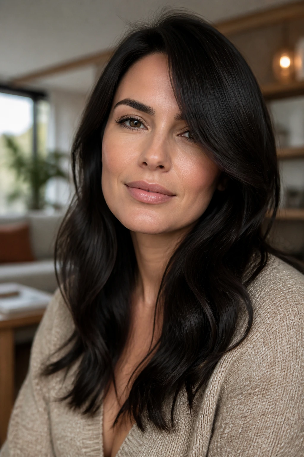 Close-up of a square-face look with diagonal part and cheekbone framing on dark hair