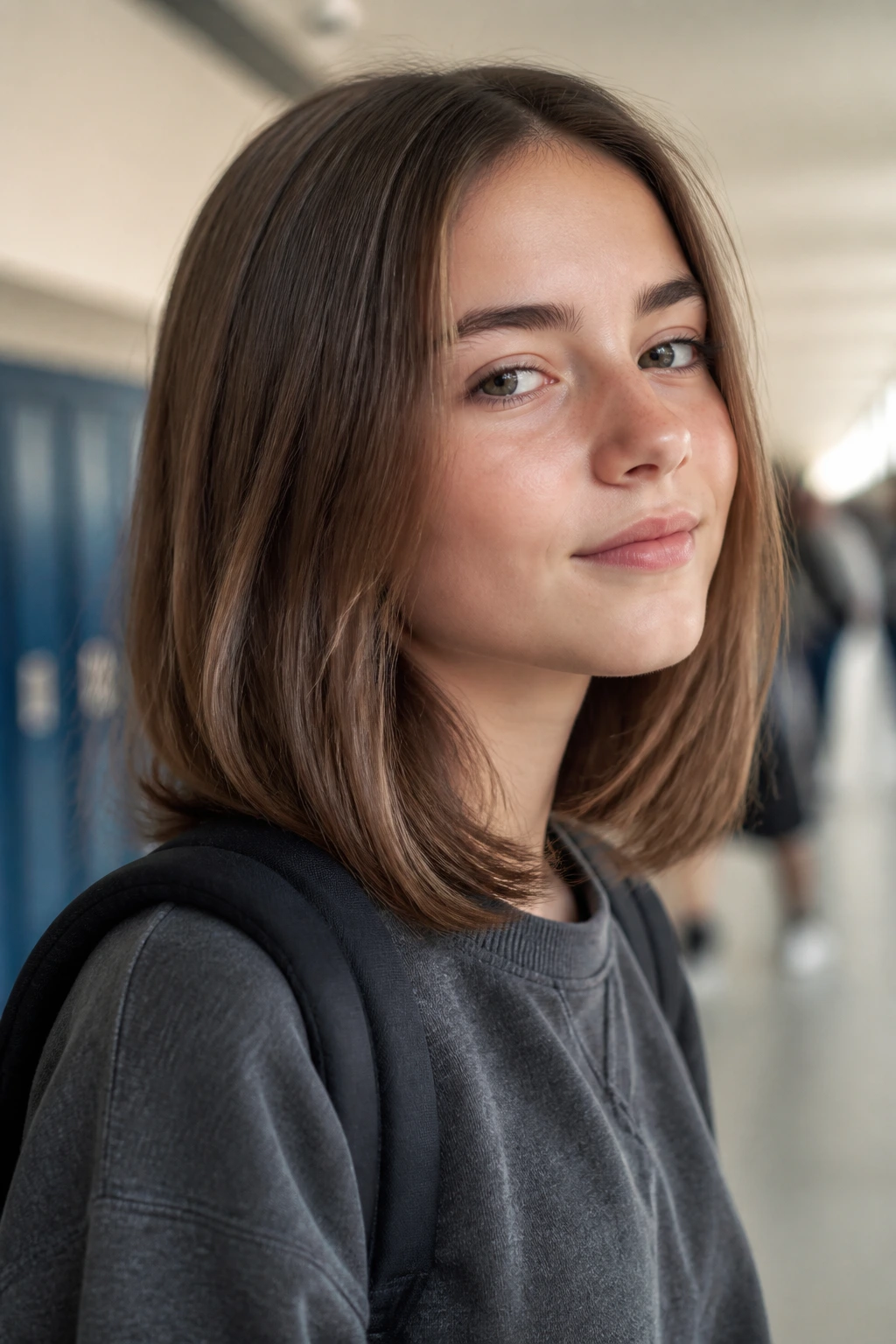 Portrait of student with soft weighted ends and minimal layers for a square face