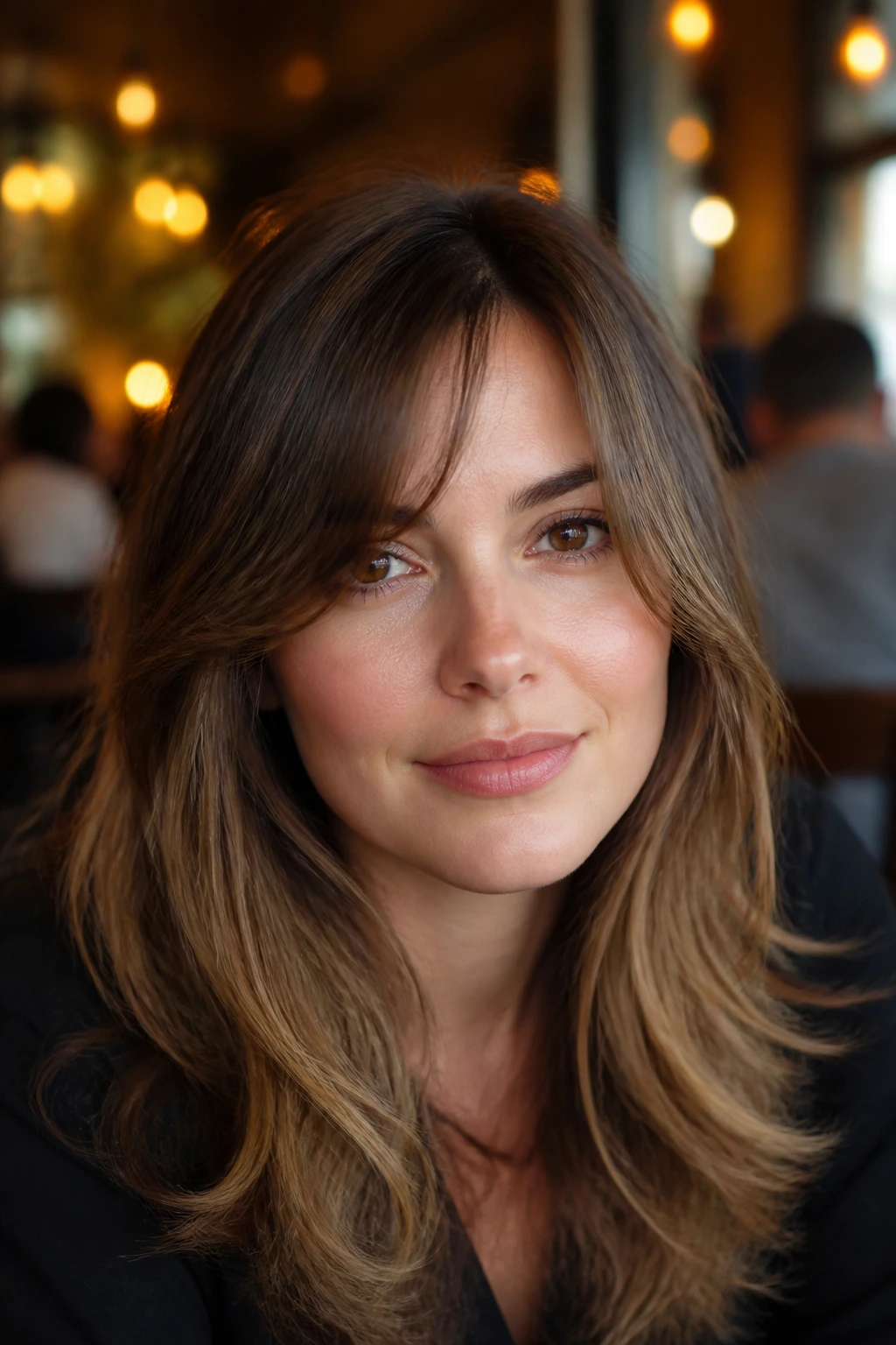 Portrait of a real person with a soft angle fringe on a square face in cafe light