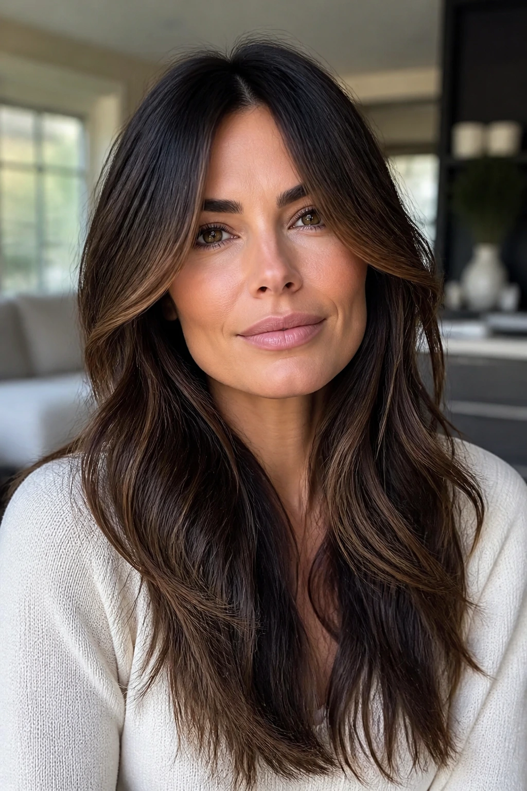 Close-up portrait showing long hair that elongates a square face with soft waves
