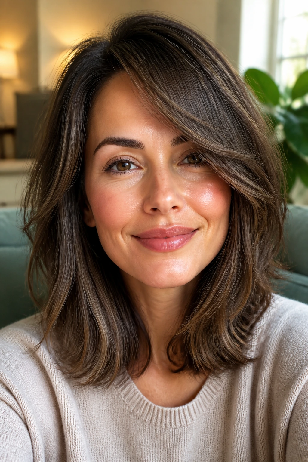 Close-up portrait of a woman with square-face side-swept layers.