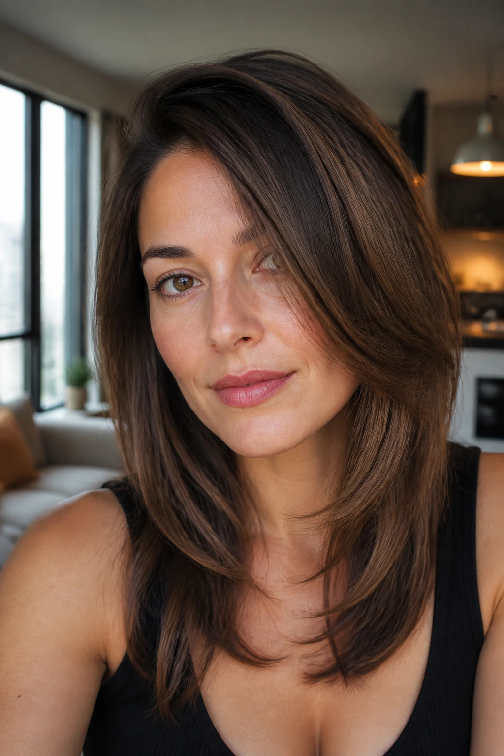 Close-up portrait of a woman with square-face layers that soften the jawline.